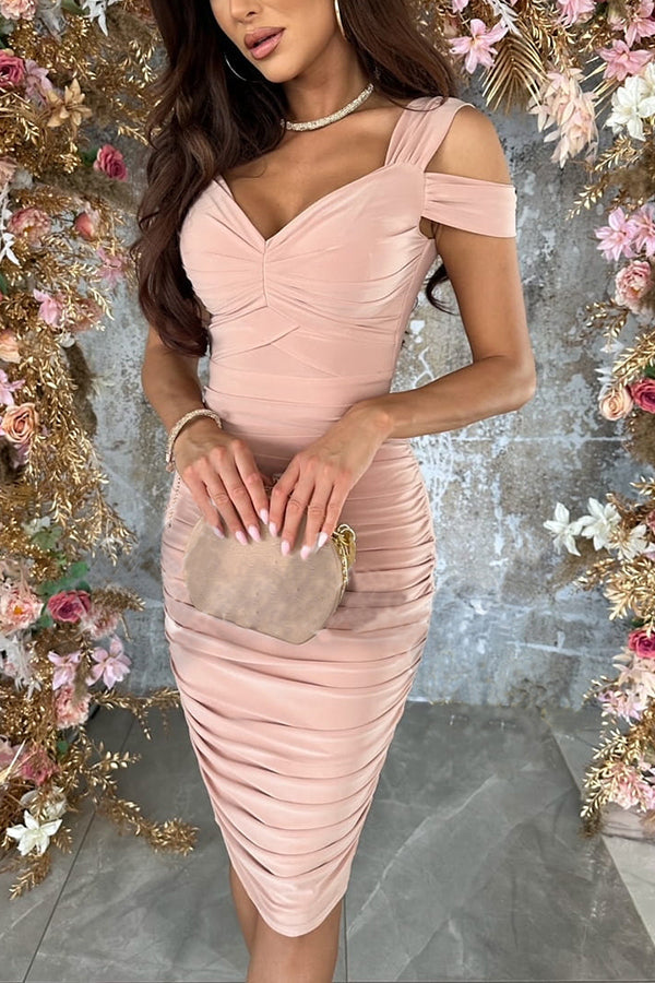 Cold Shoulder Ruched Sweetheart Crossover Bust Mesh Midi Dress