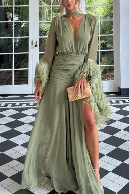 Geisha Lightweight Crepe Feather Trim Sleeve Ruched Waist Slit Maxi Dress