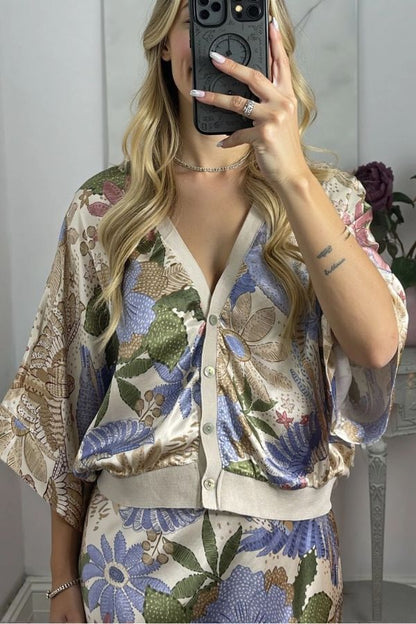 Satin Floral Print V-neck Half-sleeve Loose Top and Elegant Maxi Skirt Set