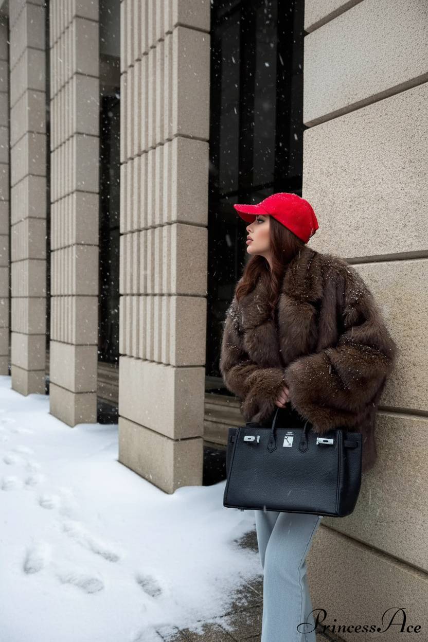 White Tip-Dyed Faux Fox Fur Mid-Length Coat