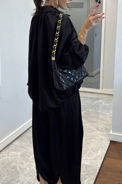 Satin Collar Puff Sleeve Drawstring Jogger Pants Two Piece Lazy Co-Ord Set