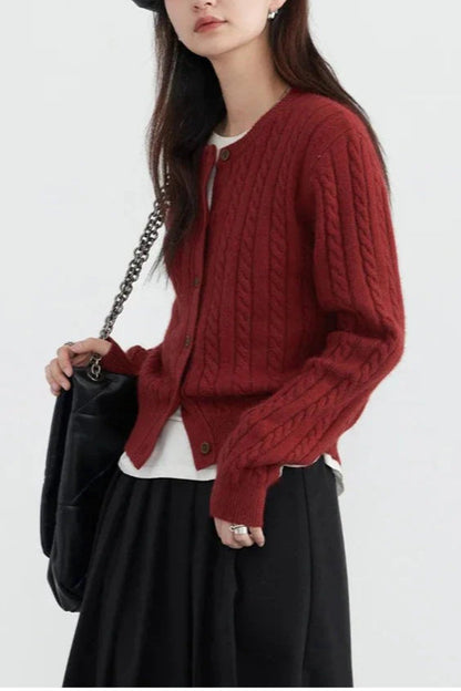 Red Twist Knit O-Neck Cardigan
