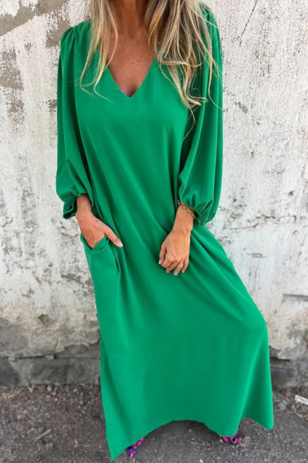 Solid V Neck Balloon Sleeve Loose Maxi Vacation Dress With Pockets