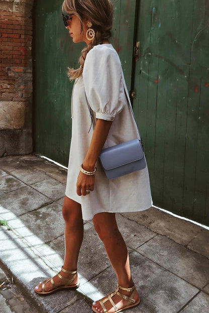 Beige Lace Up V Neck Bubble Sleeve Short Shift Dress