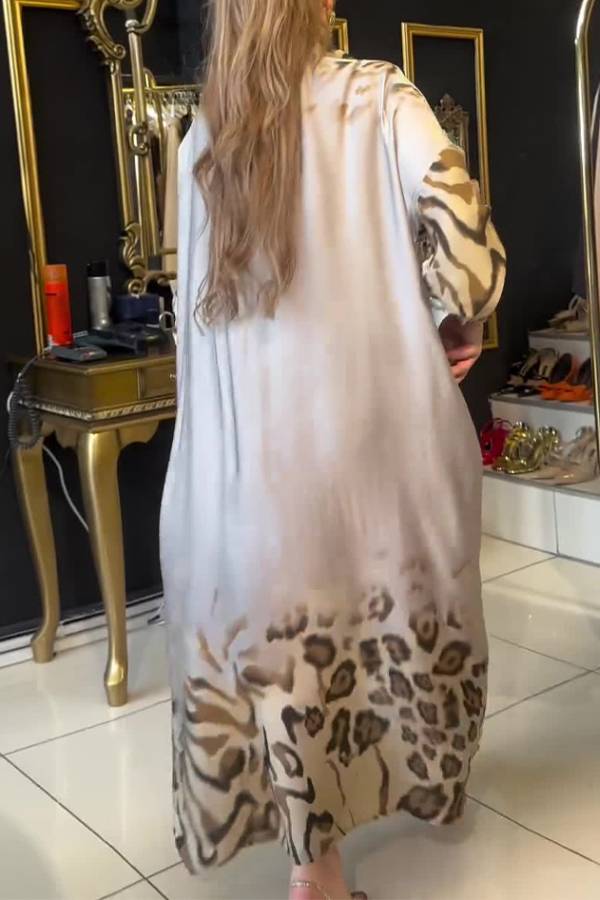 Spliced Leopard Print Shiny Satin Long Shirt Dress