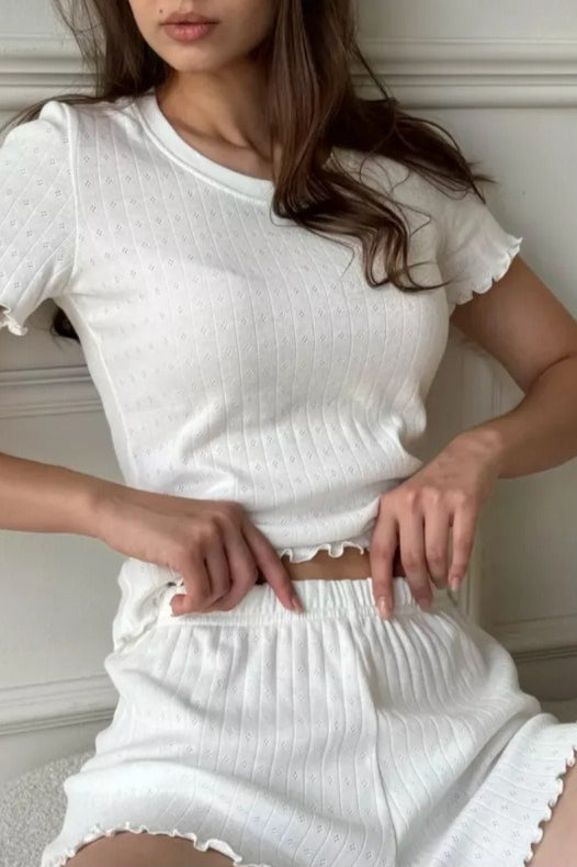Jacquard Frill Trim Round Neck Short Sleeve Shorts Set
