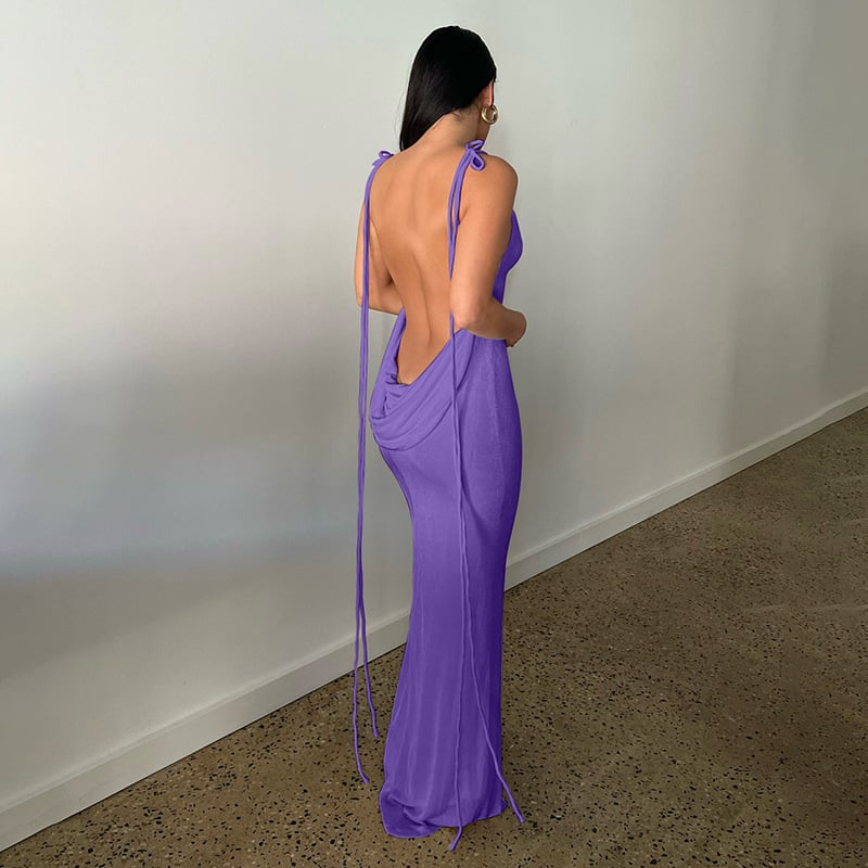 Rib Knit Tie Strap Cowl Back Side Cutout Column Maxi Dress