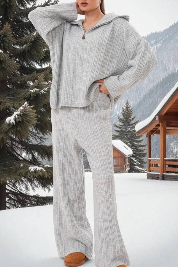 Half‑Zip Turtleneck Ribbed Knit Two‑Piece Set