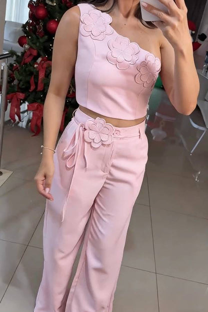 Alick Floral Detail One Shoulder Crop Top and Floral Belt High Waist Pocket Wide Leg Pants Set