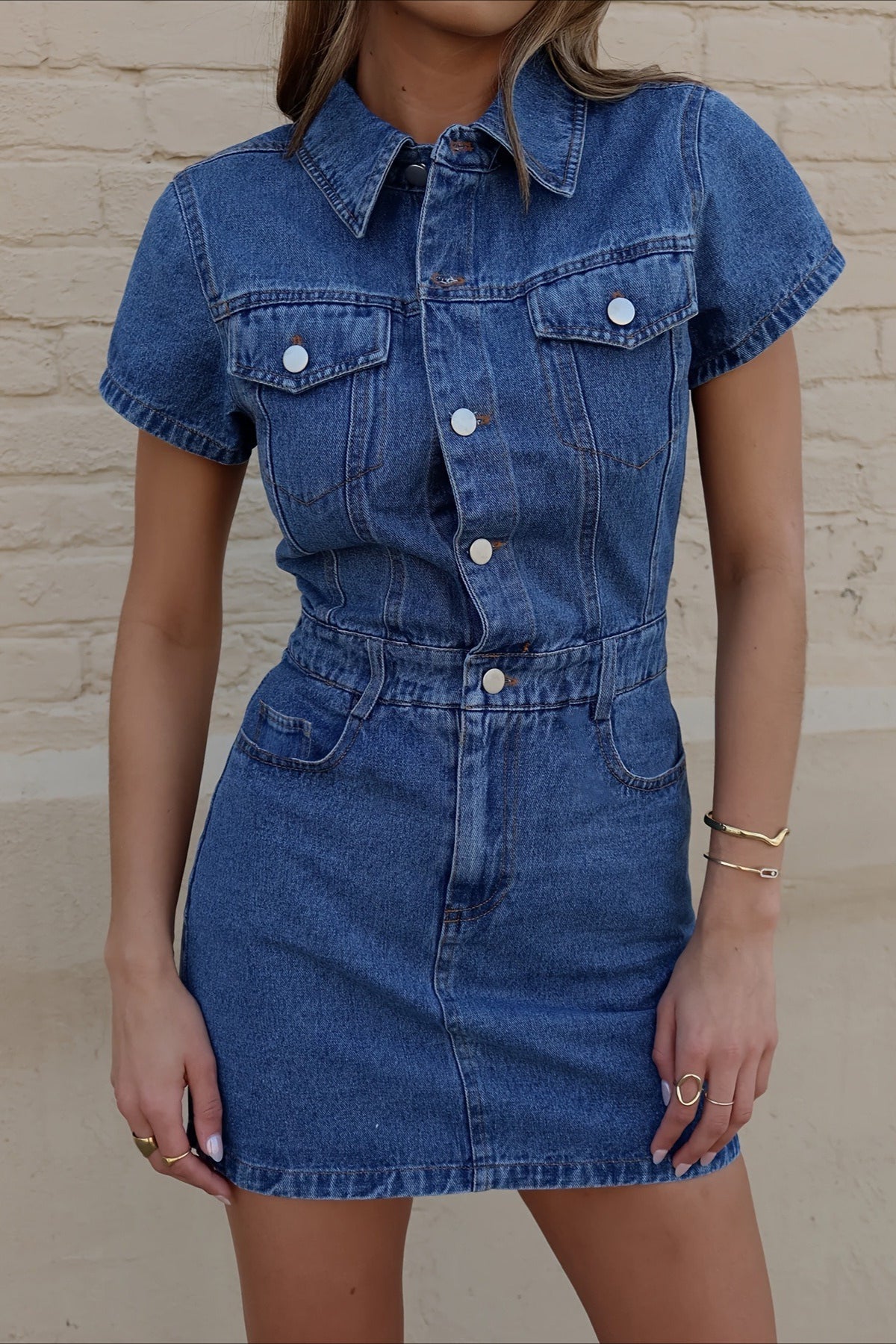 Denim Notched Collar Button Front Shirt Mini Dress