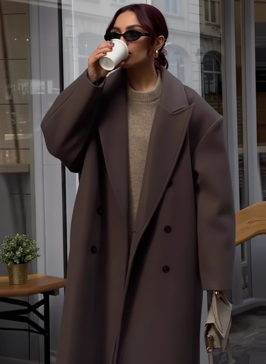 Solid Double-Breasted Turn-Down Overcoat