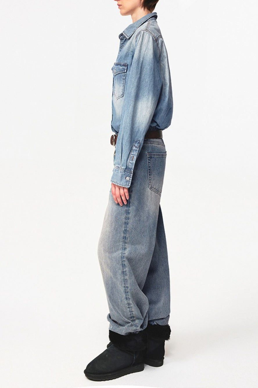 Retro Washed Denim Long Sleeve Top