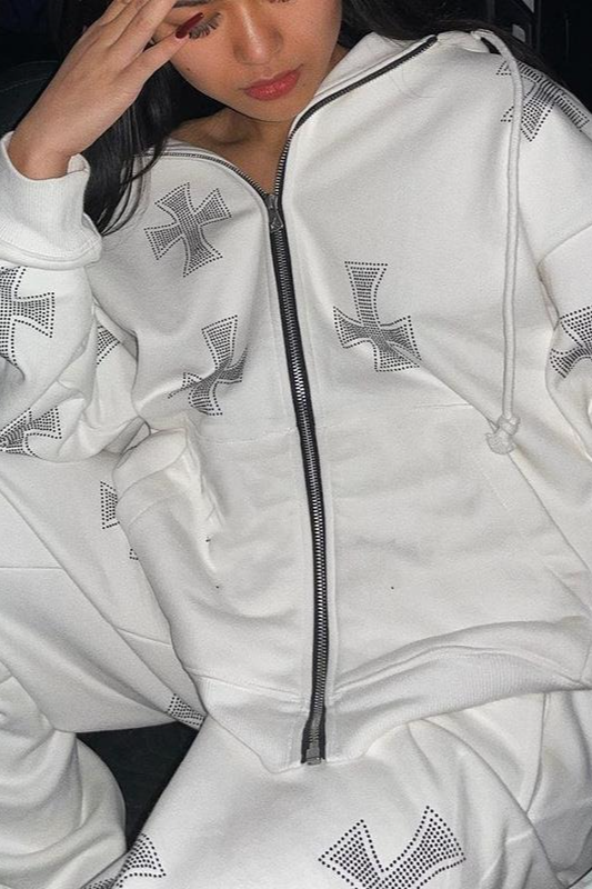 Cross Rhinestone Full-Zip Loose Hoodie
