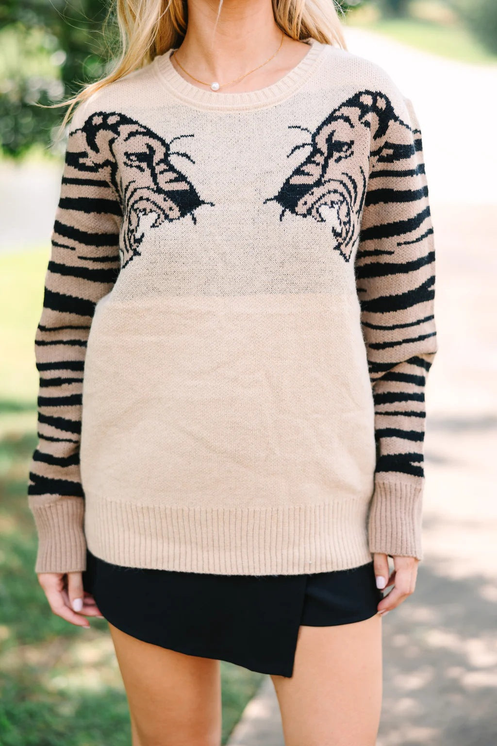 Oatmeal Tiger Printed Long Sleeve Sweater
