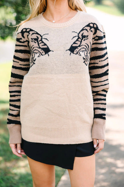 Oatmeal Tiger Printed Long Sleeve Sweater
