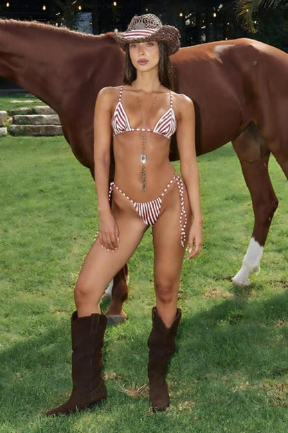 Retro Striped Print Triangle Tie Bikini Set
