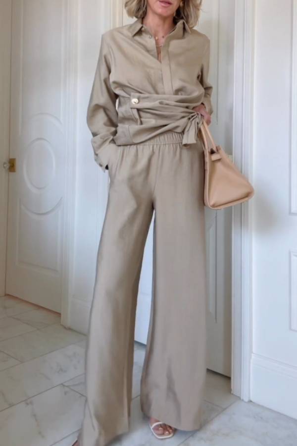 Cross-waist shirt and wide-leg pants suit