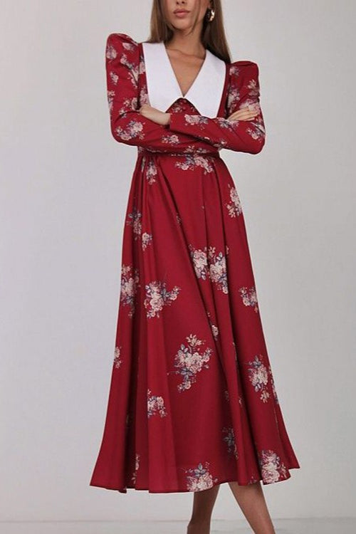 Flared Vintage Print Slim Waist Floral Maxi Dress