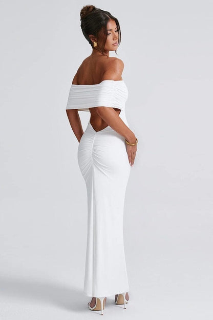 Off Shoulder Backless Bodycon Ruched Solid Formal Dress