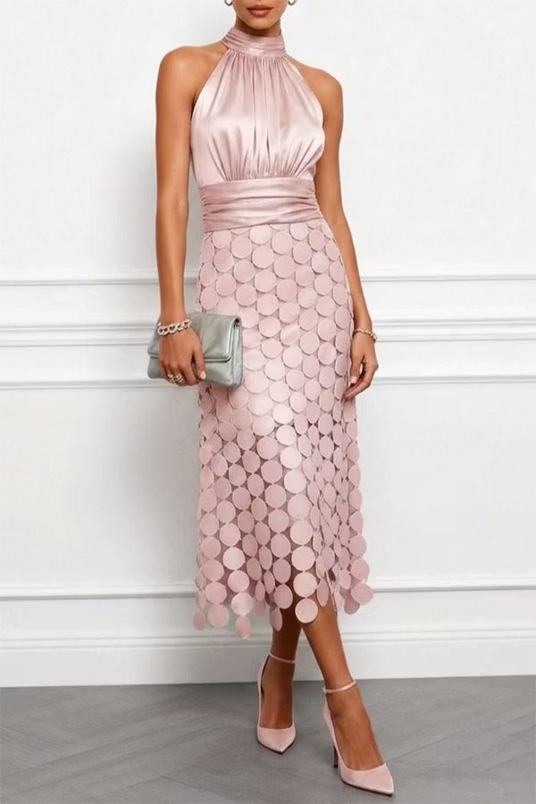 Janice Satin Ruched Halter Neck Sleeveless Embroidered Polka Dot Hem Midi Dress