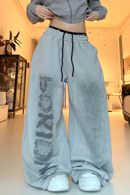Letter Print Tie Wide Leg Casual Sweat Pants