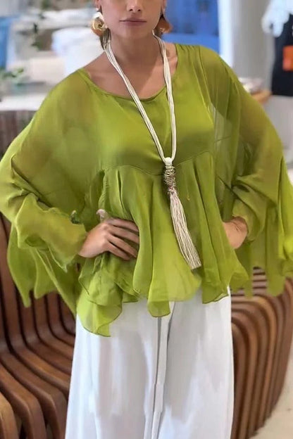 Romantic Journey Chiffon Ruffle Batwing Sleeve Top and Elastic Waist Pocket Loose Pants Set