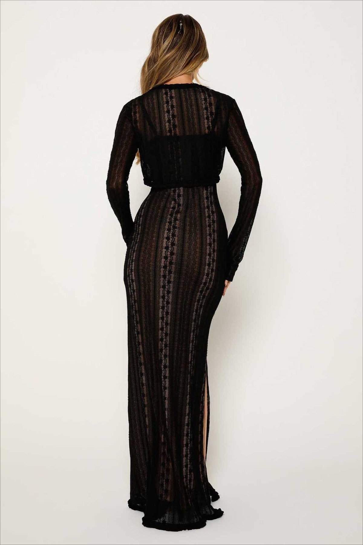 V Neck Long Sleeve Split Lace Dress