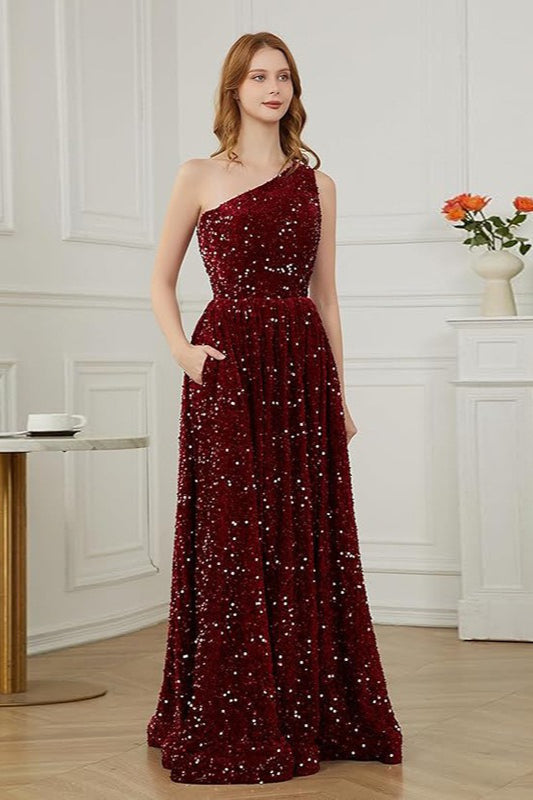 Sequin One Shoulder Maxi Prom Dress