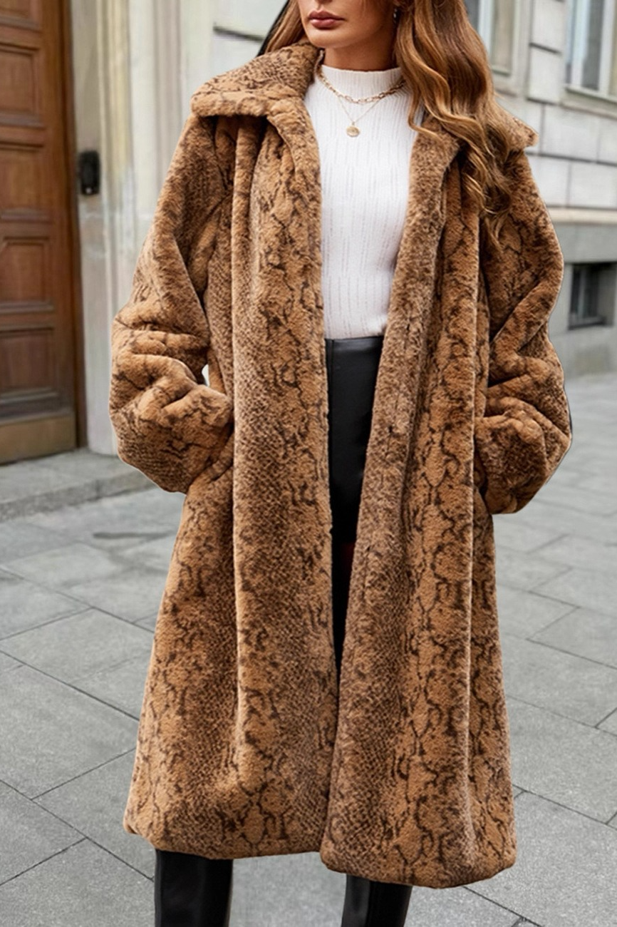 Leopard Faux Fur Knee Length Thick Plush Overcoat