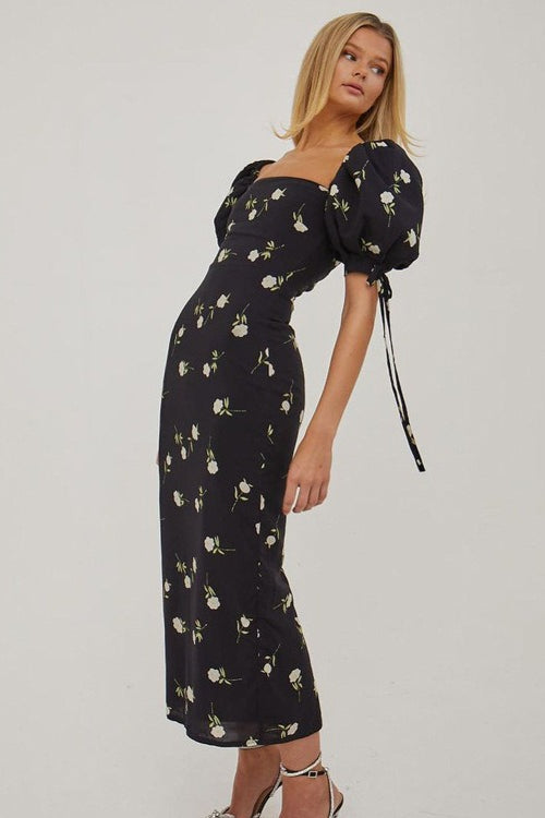 Off Shoulder Puff Sleeve Slim Floral Dress