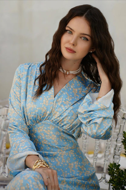 Elegant V Neck Flare Sleeve Maxi Floral Dress