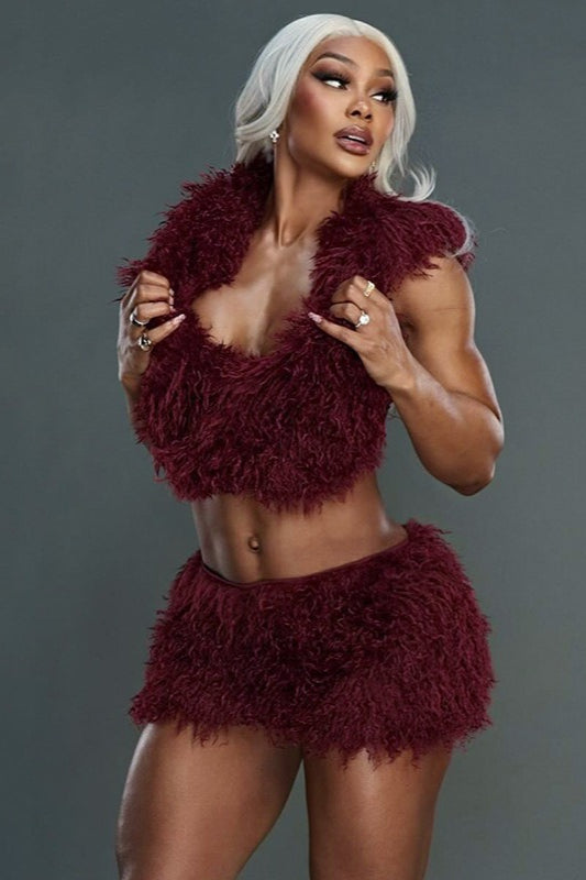 Faux Fur Hooded U Neck Backless Crop Top Mini Skirt Set