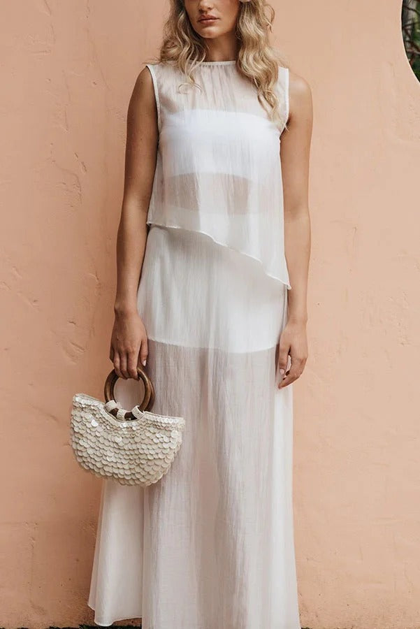 Lena Semi-sheer Irregular Hem Top and High Rise Side Zipper A-line Maxi Skirt Set