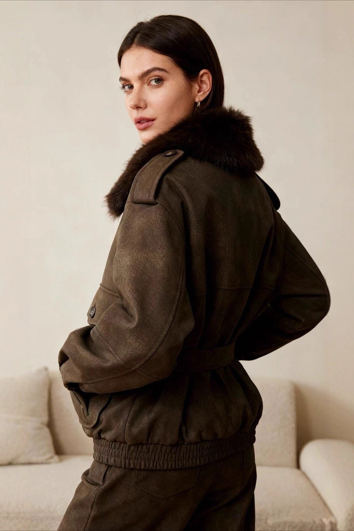 Faux Suede Removable Neckline Jacket