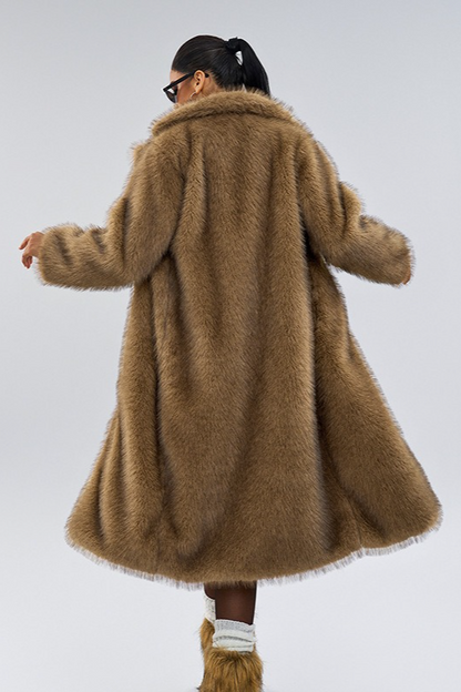 Notched Lapel Faux Fur Long Extended Overcoat