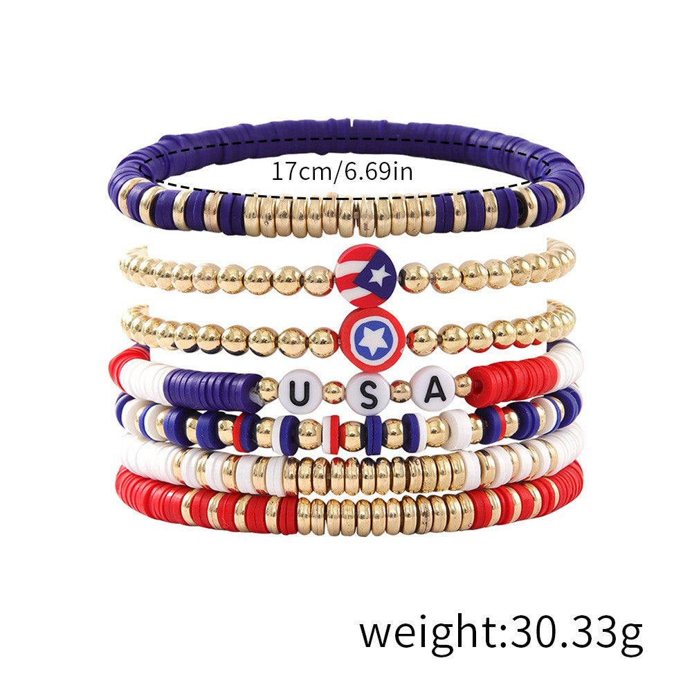USA Independence Day Red White Blue Flag Polymer Clay Multi-Layer Stackable Bracelet Set