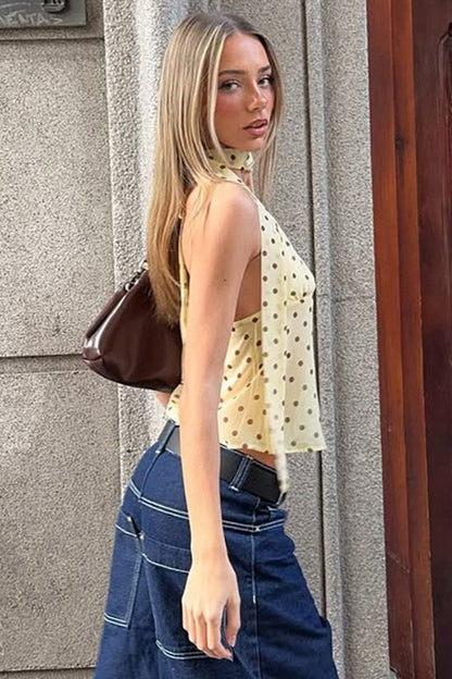 Cute Polka Dot V Neck Tie Halter Top
