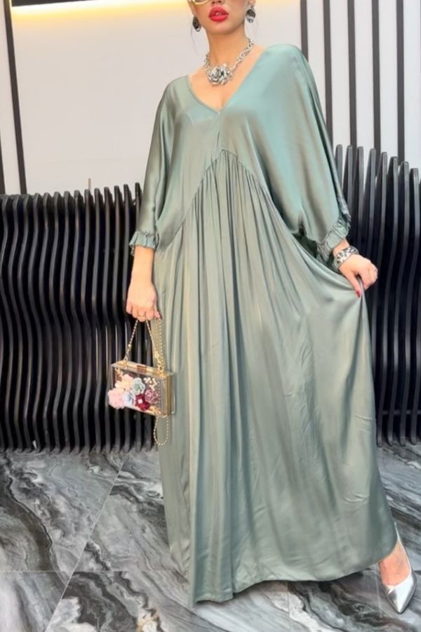 Satin Solid Color V-neck Lotus Leaf Sleeve Loose Pleated Maxi Dress