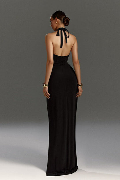 Halter Neck V-Slit Evening Wrap Dress