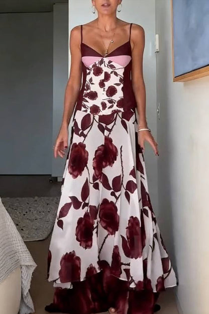 Euro Vacay Chiffon Damask Rose Print Slip Top and High Rise Double-layered Hem Maxi Skirt Set