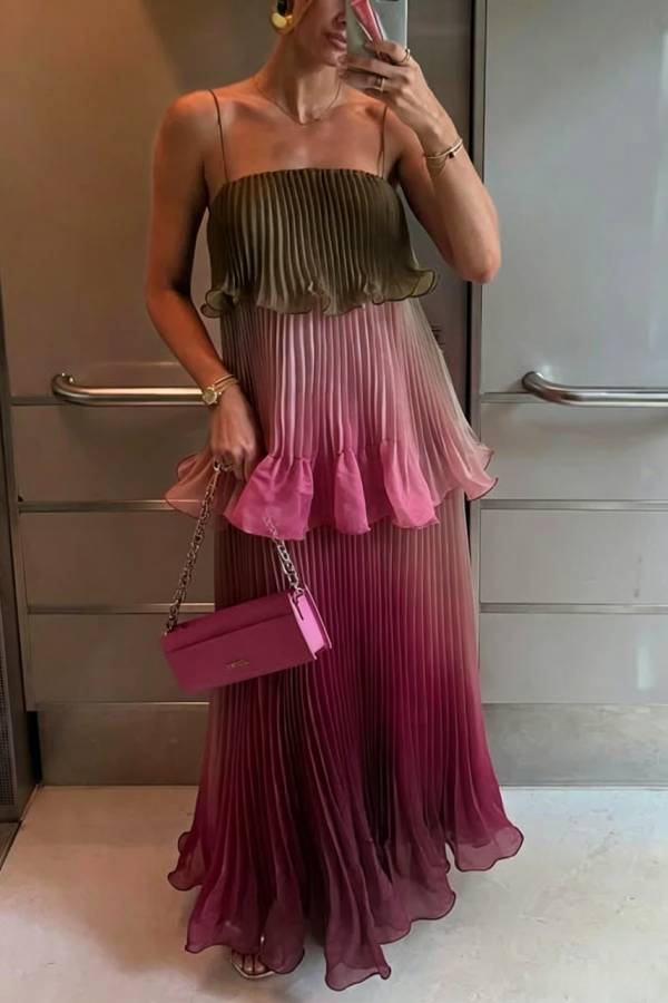 Exquisite Pleated Organza Gradient Print Layered Ruffles Slip Maxi Dress