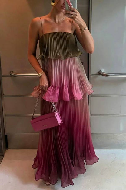 Exquisite Pleated Organza Gradient Print Layered Ruffles Slip Maxi Dress