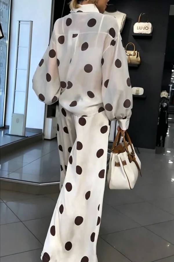Grazia Polka Dot Sheer Long Balloon Sleeve Shirt and Elastic Waist Pocket Wide Leg Pants Set
