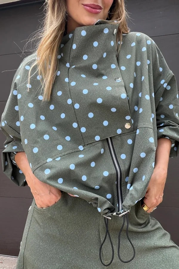 Kadence Polka Dot Zipper Lapel High Neck Drawstring Hem Sporty Jacket