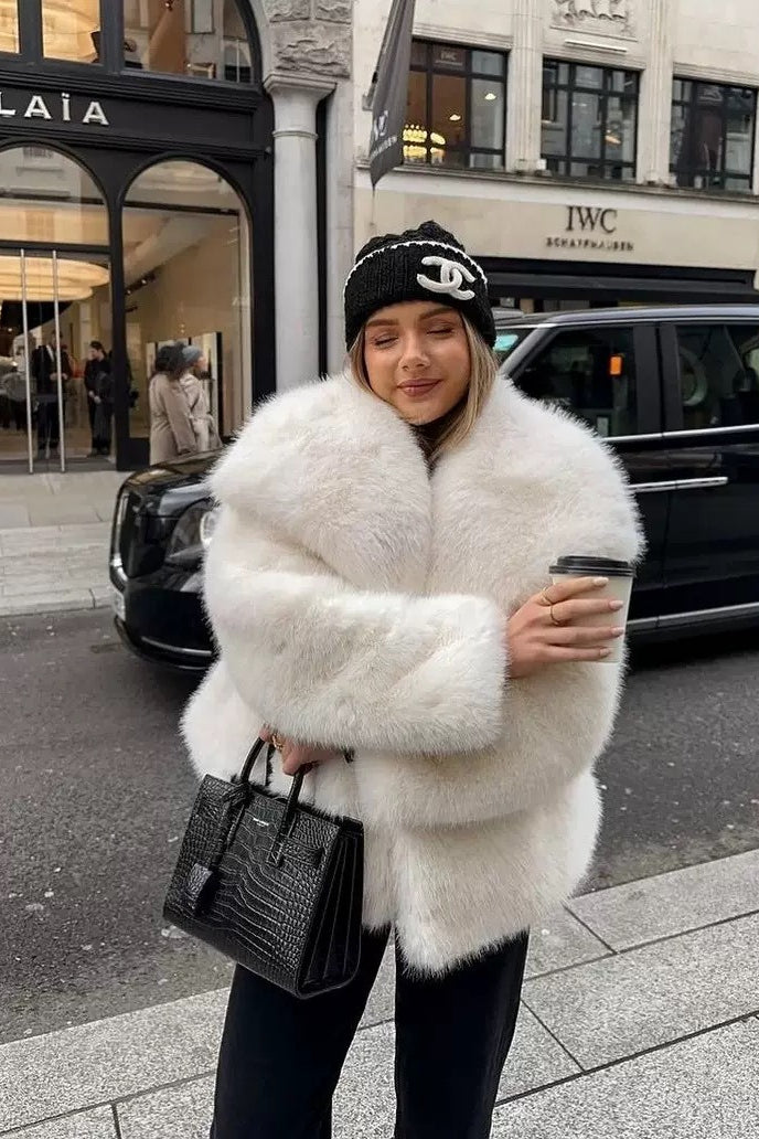 Eco Faux Fox Fur Notch Lapel Plush Coat