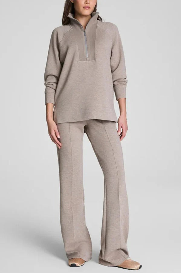 Alfia Ribbed Stand Zipper Neck Long Sleeve Sweatshirt and Button Elastic Waist Pocketed Loose Pants Set