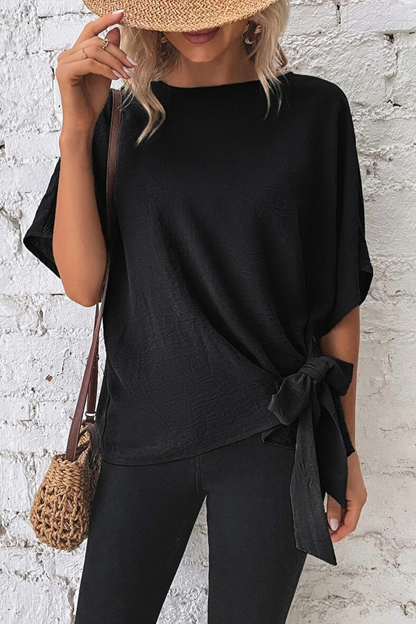 Solid Color Batwing Sleeve Hem Knotted Loose T Top