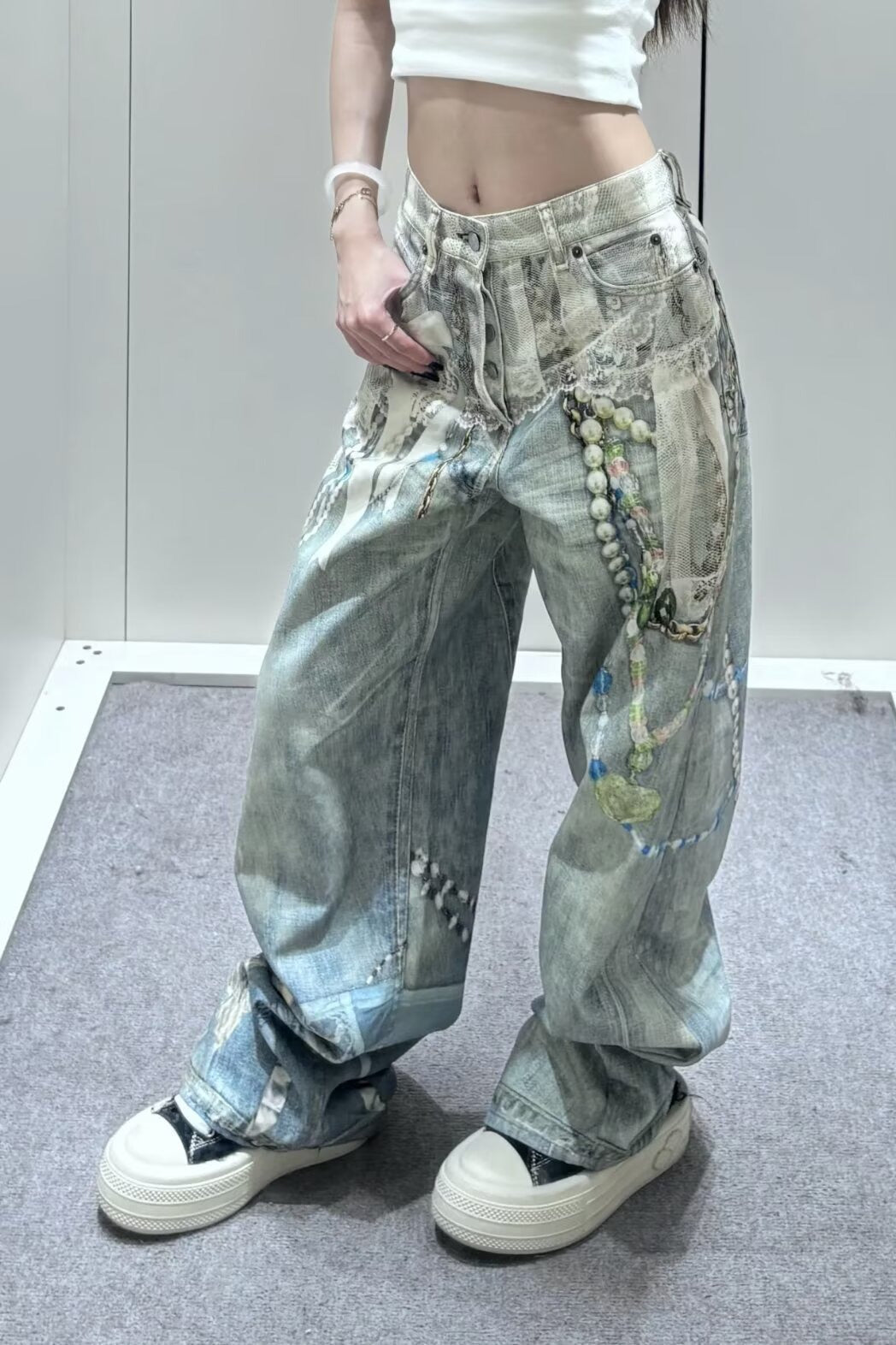Lace Pearl Chain Printed Vintage Washed Casual Jeans
