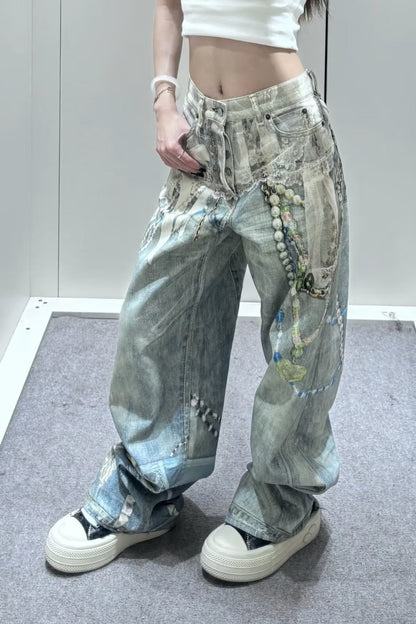 Lace Pearl Chain Printed Vintage Washed Casual Jeans