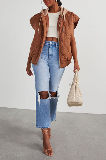 Fall and Forever Zipper Pocket Hooded Quilted Cotton Vest